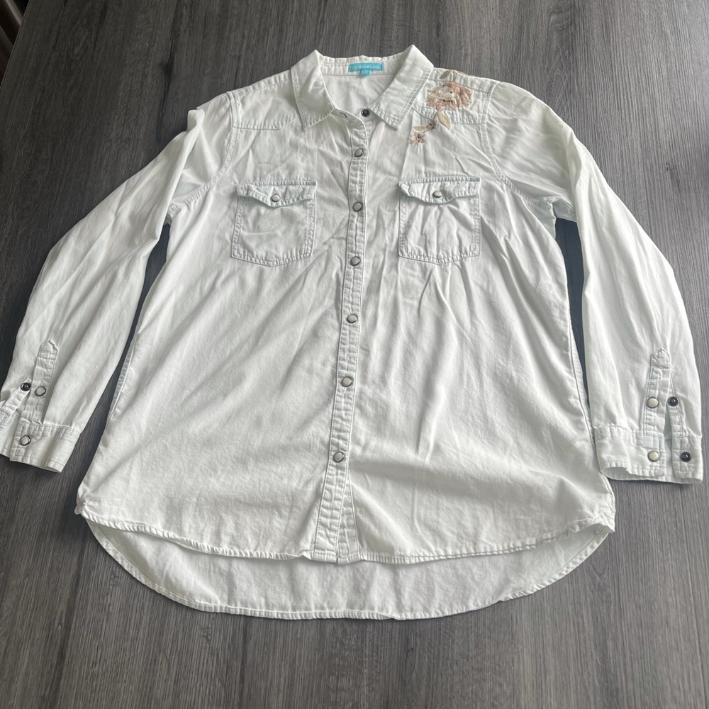 Country Living Pale Blue Western Floral Embroidered Pearl Snap Size Medium